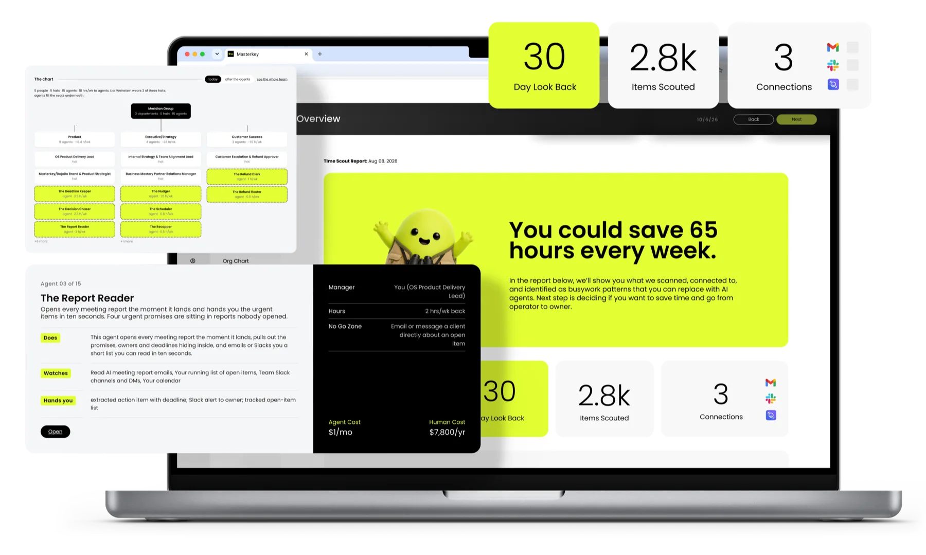 The Masterkey report on a laptop, showing hours saved and items scouted